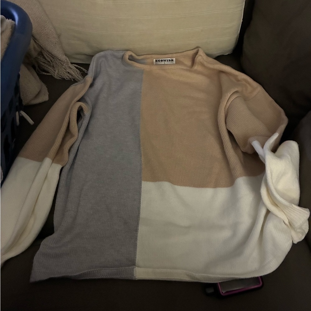 Tan and Gray Crew Neck Sweater with Color Block Design